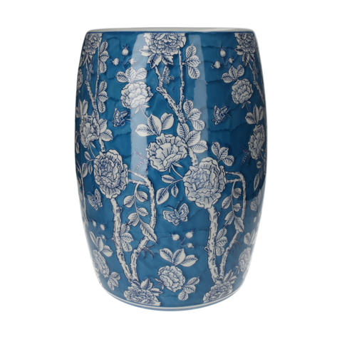 Poef van blauw porselein met witte decoraties h 45 x Ø 28 cm