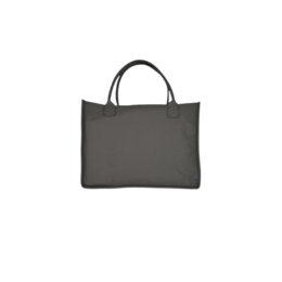 A large, gray leather tote bag with two handles.