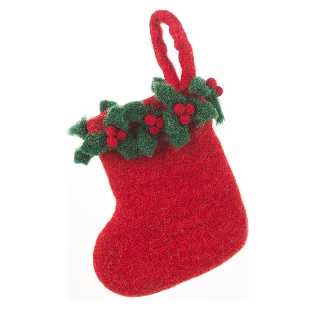 Handmade Felt Biodegradable Mini Christmas Holly Stocking Hanging Decoration