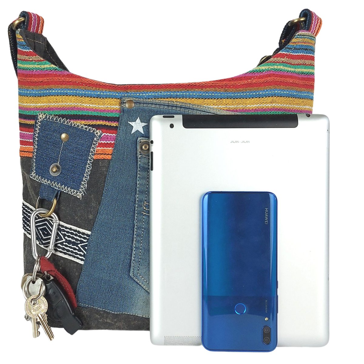 Sunsa schoudertas van upcycled jeans & canvas, vegan damestas