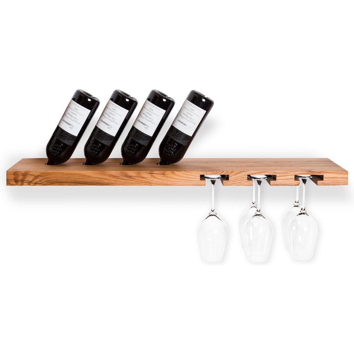 Tu Las™ Portabotellas de madera que incluye copas de vino y portacopas de champán - 94 x 22 x 4 cm - Portabotellas de vino flotante - Montaje en pared - Madera de roble