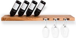 Tu Las™ vinflaskeholder i træ inklusive vinglas og champagneglasholder - 94 x 22 x 4 cm - Flydende vinflaskeholder - Vægbeslag - Egetræs