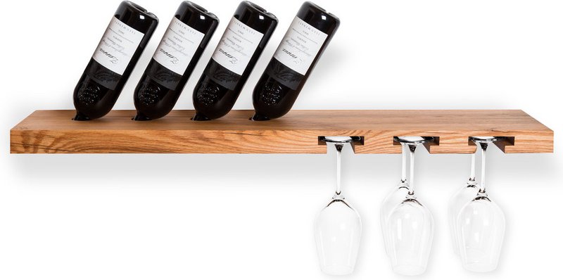 Tu Las™ Portabottiglie di vino in legno con bicchieri da vino e portabicchieri da champagne - 94 x 22 x 4 cm - Portabottiglie galleggiante - Montaggio a parete - Legno di quercia