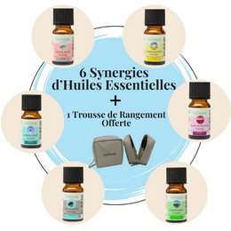 6 Synergies d'Huiles Essentielles 100% Naturelles + 1 Trousse de Rangement Offerte