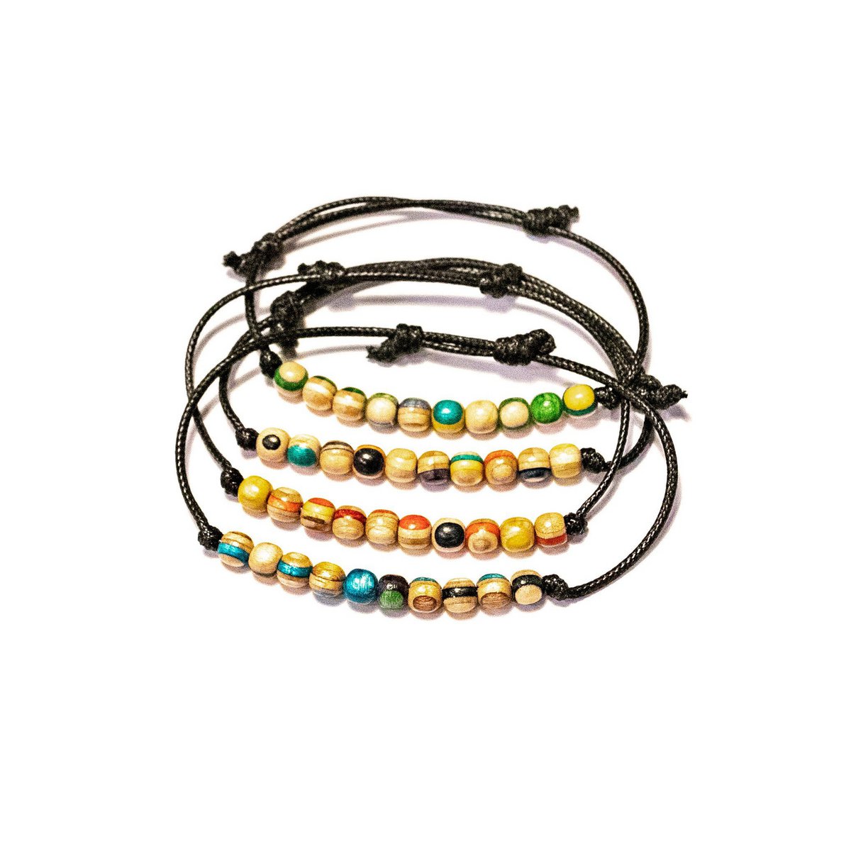 Recycled Skateboards Wood Bead Bracelet, Multicoloured, Blue, Green, Red, 6mm beads, Adjustable, Unisex