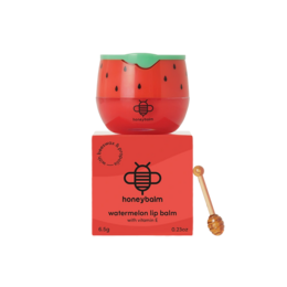  Red watermelon-shaped lip balm with green leaf top, natural moisturizing balm, cute fruit design.