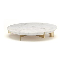 Large round marble cake stand with gold metal base.