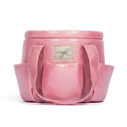  A pink, soft-textured diaper bag or tote bag with multiple compartments and pockets, suitable for carrying baby care items or personal belongings.