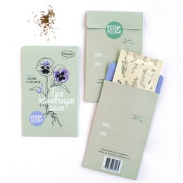 Flower seeds 'Sowing happy memories', purple and white pansy flowers, seed packet with floral illustration
The image shows a seed packet for "Flower seeds 'Sowing happy memories'". The packet features an illustration of purple and white pansy flowers. The product is categorized as "Seeds".