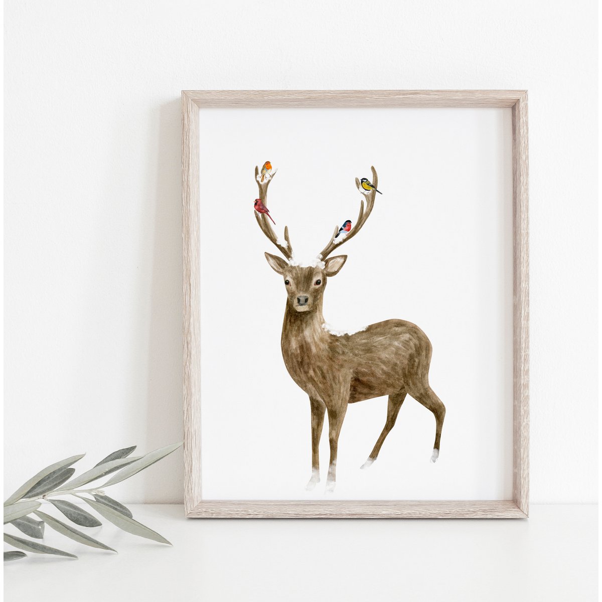 Deer and birds poster, botanical Christmas poster, deer poster, Christmas print, reindeer Christmas decor, Christmas poster
