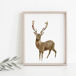 Poster di cervi e uccelli, poster botanico di Natale, poster di cervi, stampa natalizia, decorazioni natalizie di renne, poster di Natale