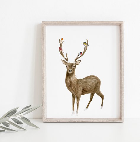 Hert en vogels poster, botanische kerst poster, deer poster, Christmas print, rendier kerst decor, kerst poster