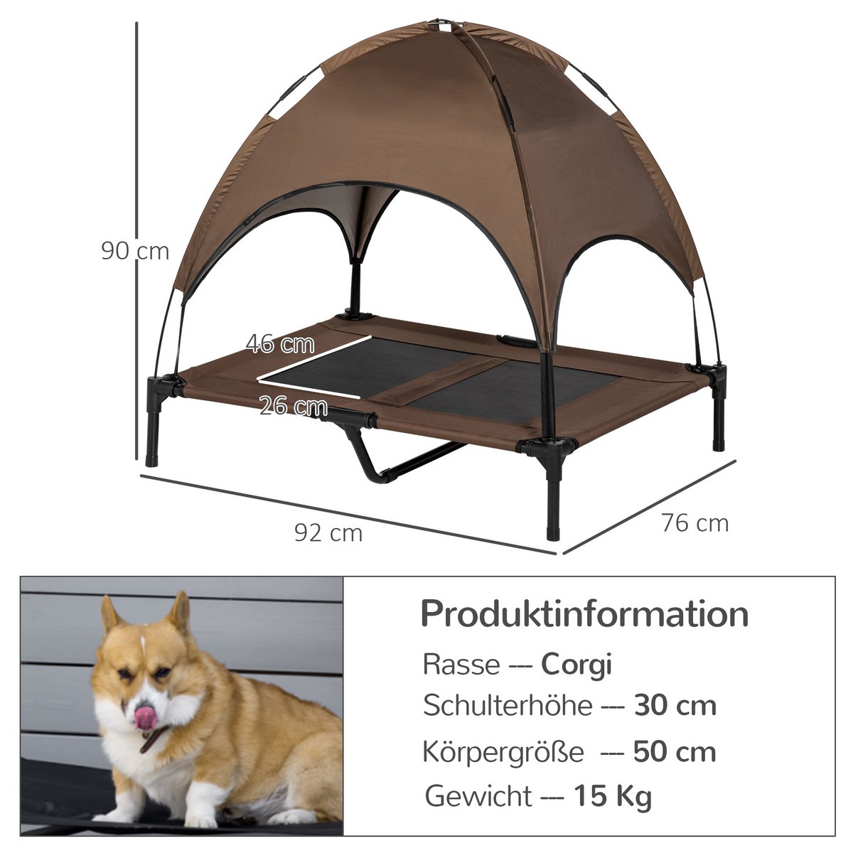 Elevated Dog Bed with Canopy, Pet Bed, Outdoor Dog Lounger with Roof, Breathable, Taffeta Fabric for Camping Gray 92 x 76 x 90 cm