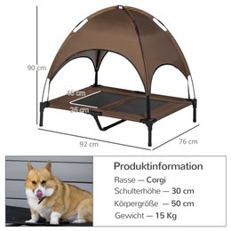 Elevated Dog Bed with Canopy, Pet Bed, Outdoor Dog Lounger with Roof, Breathable, Taffeta Fabric for Camping Gray 92 x 76 x 90 cm