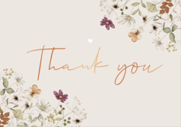 Floral thank you postcard with delicate white flowers and leaves.