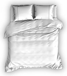 A duvet cover in a white and sand color, available in multiple sizes including 140x220, 200x220, 240x220, and 270x220 cm. The duvet cover features a simple, minimalist design with a smooth, satin-like texture.