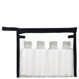 This travel bottles kit contains 4 clear plastic bottles with screw caps, perfect for storing and transporting makeup, toiletries, or other small items. The bottles are compact and portable, making them ideal for travel or on-the-go use.