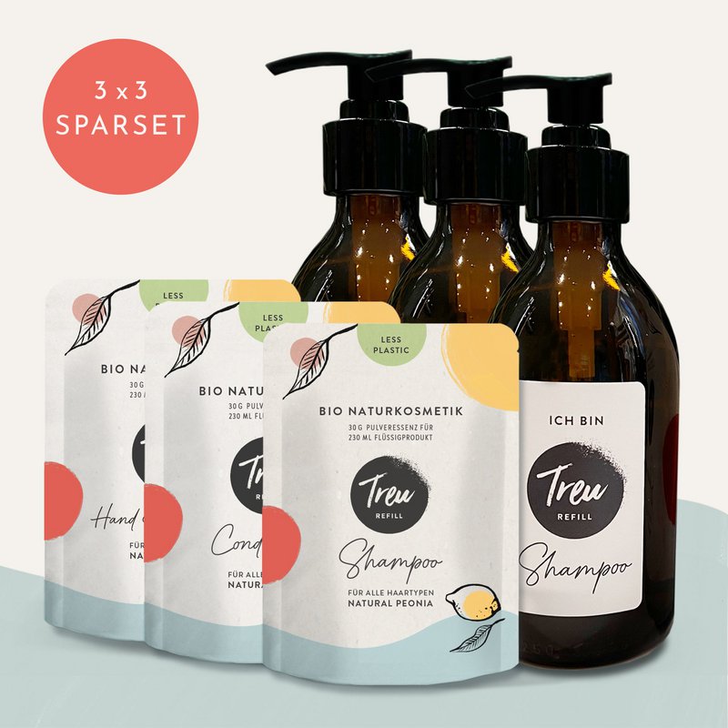 Startset biologische shampoo, conditioner, hand & body wash inclusief navulglazen flesjes