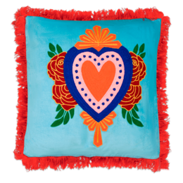 Kitsch Kitchen cushion Milagro heart light-blue fringes