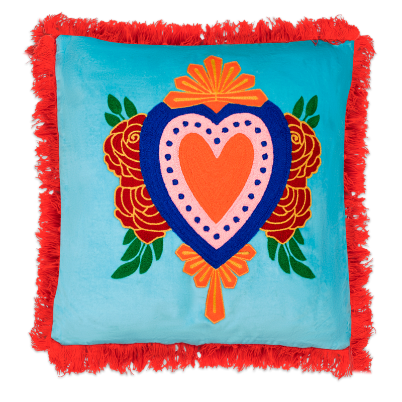 Kitsch Kitchen cushion Milagro heart light-blue fringes