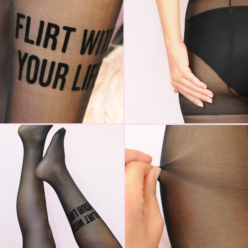 1-Pair %23StatementTights FLIRT WITH YOUR LIFE "Message on Tights" black tights 40 DEN