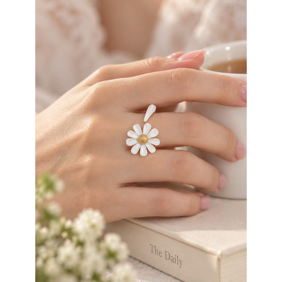 Luminous White Daisy Bloom Open Ring