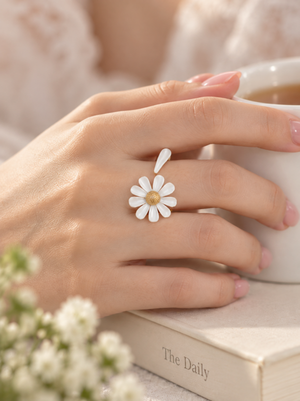 Luminous White Daisy Bloom Open Ring