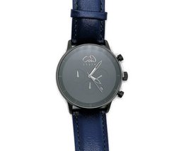 Modern, stylish chronograph watch with a deep blue leather strap and a sleek, minimalist design.
