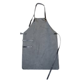 Olive green and gray blue leather BBQ apron with multiple pockets for grilling accessories.