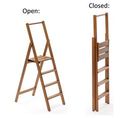 A wooden step ladder with 4 steps, made of cherry wood. The ladder can be folded for storage when not in use.