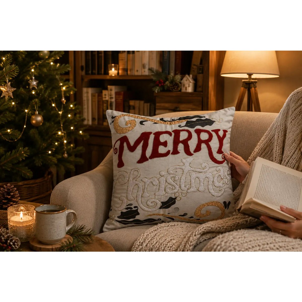 Beige & Rouge Brodé – Housse de Coussin / Kussenhoes – Noël 45×45 cm – Urbane Hide