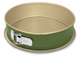 A round, green springform pan made of metal with a removable ring for easy cake removal. The pan measures 26cm in diameter and is suitable for baking cakes.
