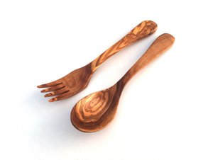 Set van 2 bestek 2-delig tafelbestek vorklepel gemaakt van olijfhout