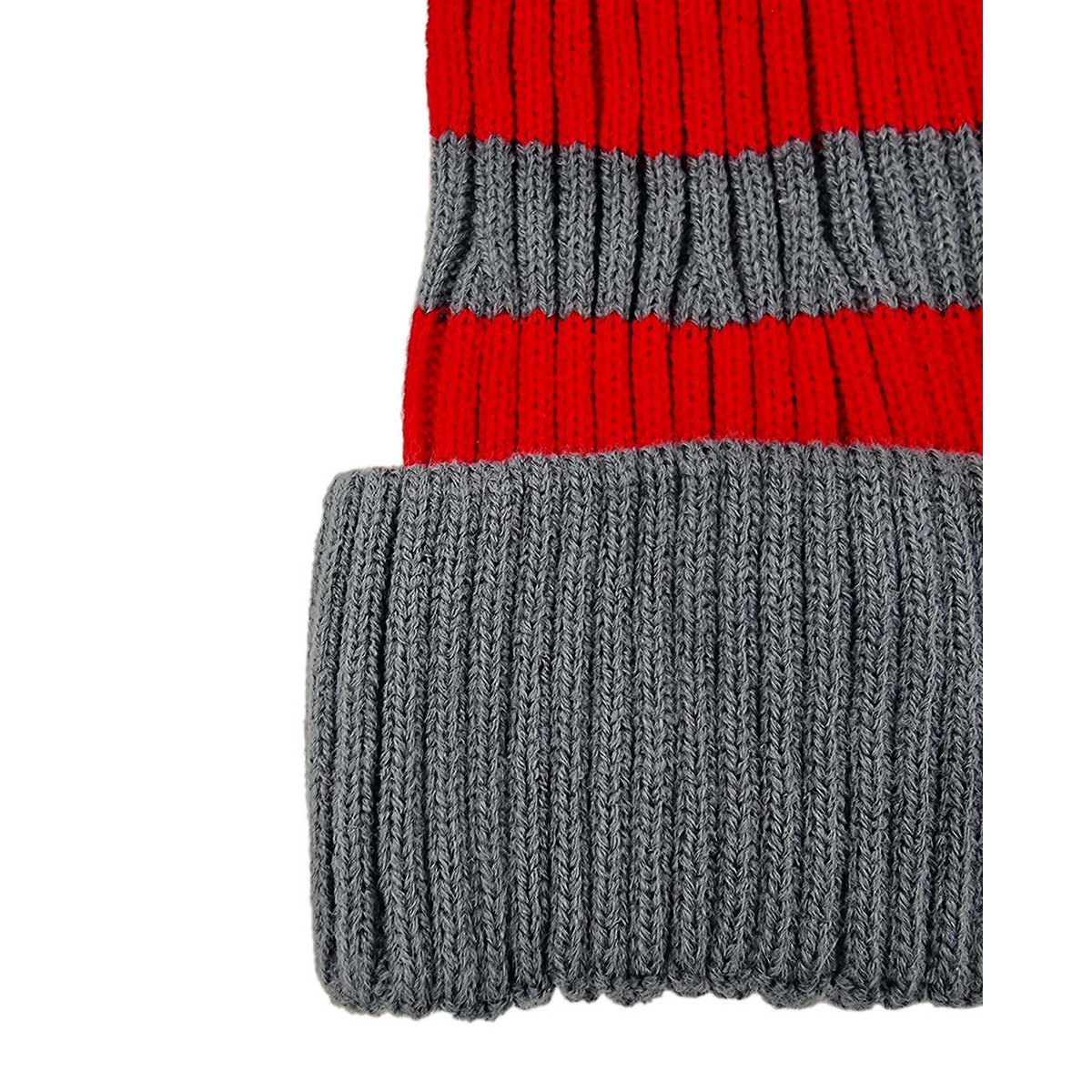 Santa hat - Red/grey striped flat knit fur pompom