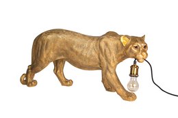  A gold-colored leopard-shaped floor lamp with a round light bulb attached.