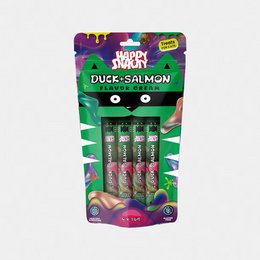 Duck and salmon pet treats, green packaging with animal design, stick and pouch formats.