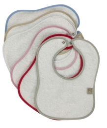 Pack of 6 cotton bibs, soft and absorbent, with contrasting colored trim.