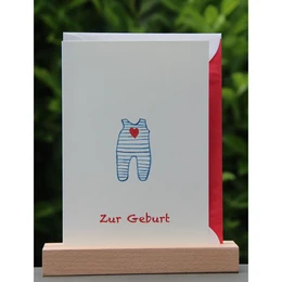 Watercolor card birth | Blue onesie, red heart