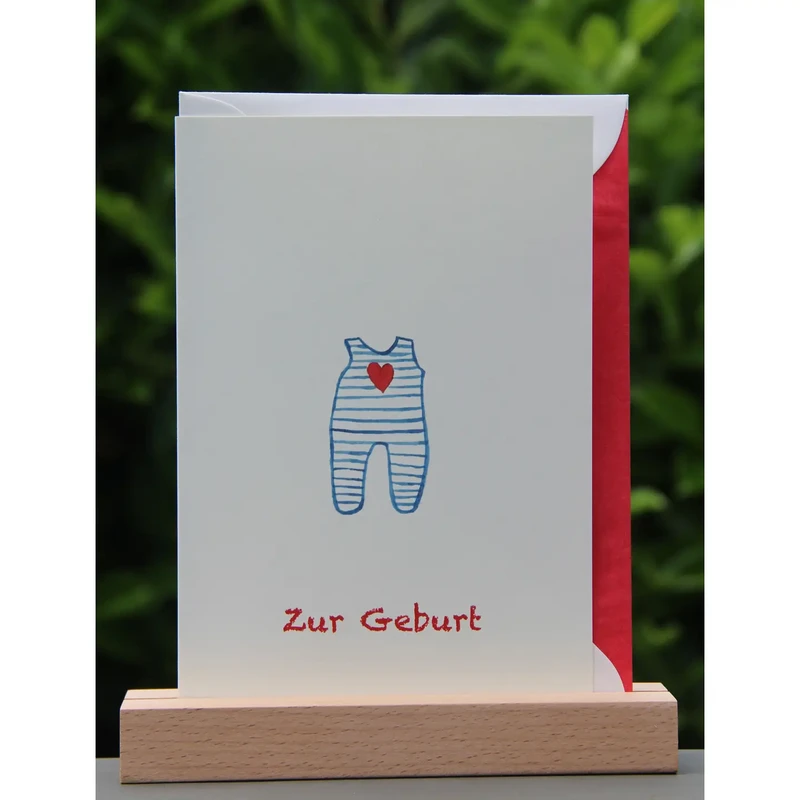 Watercolor card birth | Blue onesie, red heart
