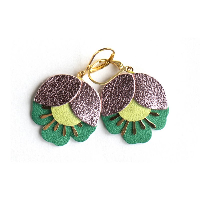 Pendientes Cherry Blossom - cuero rosa metalizado, verde anís, malaquita