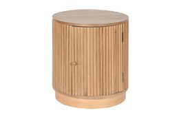  A round, wooden bedside table with a ribbed design and a light wood finish.