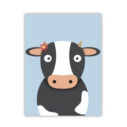 A black and white cow illustration with large eyes and a red flower on its head, framed and displayed on a wall.