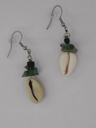 %2370 Cowrie shell earrings with moss agate crystals