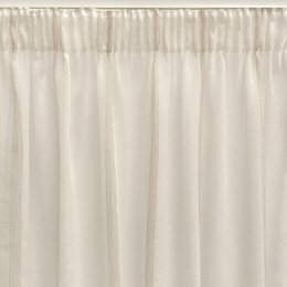 Cortina translúcida de color beige confeccionada en cinta multifunción (cinta fruncidora o pasabarras). Visillo Jacquard de rayas vertikale fabrikation med materialer reciclados og calidad. Naturlige farver og kalidos. Cortinas para salón, dormitorio