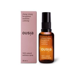 Calming essential oil spray with ylang ylang, bergamot, and jasmine scents in a 30ml bottle.