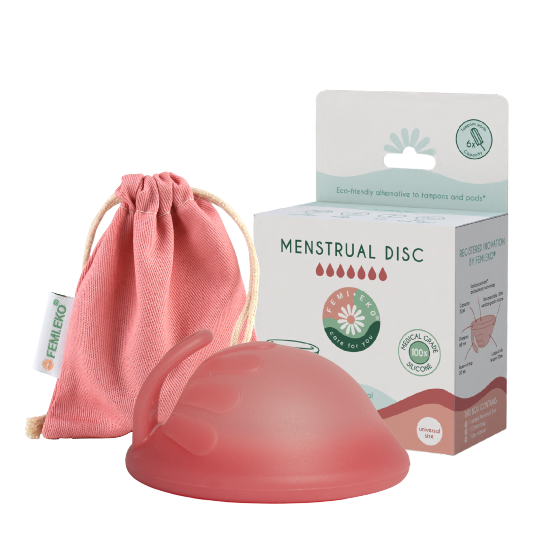Disco menstrual seguro universal Femi.Eko®: comodidad reutilizable con tecnología antibacteriana SaniConcentrate™, capacidad de 50 ml