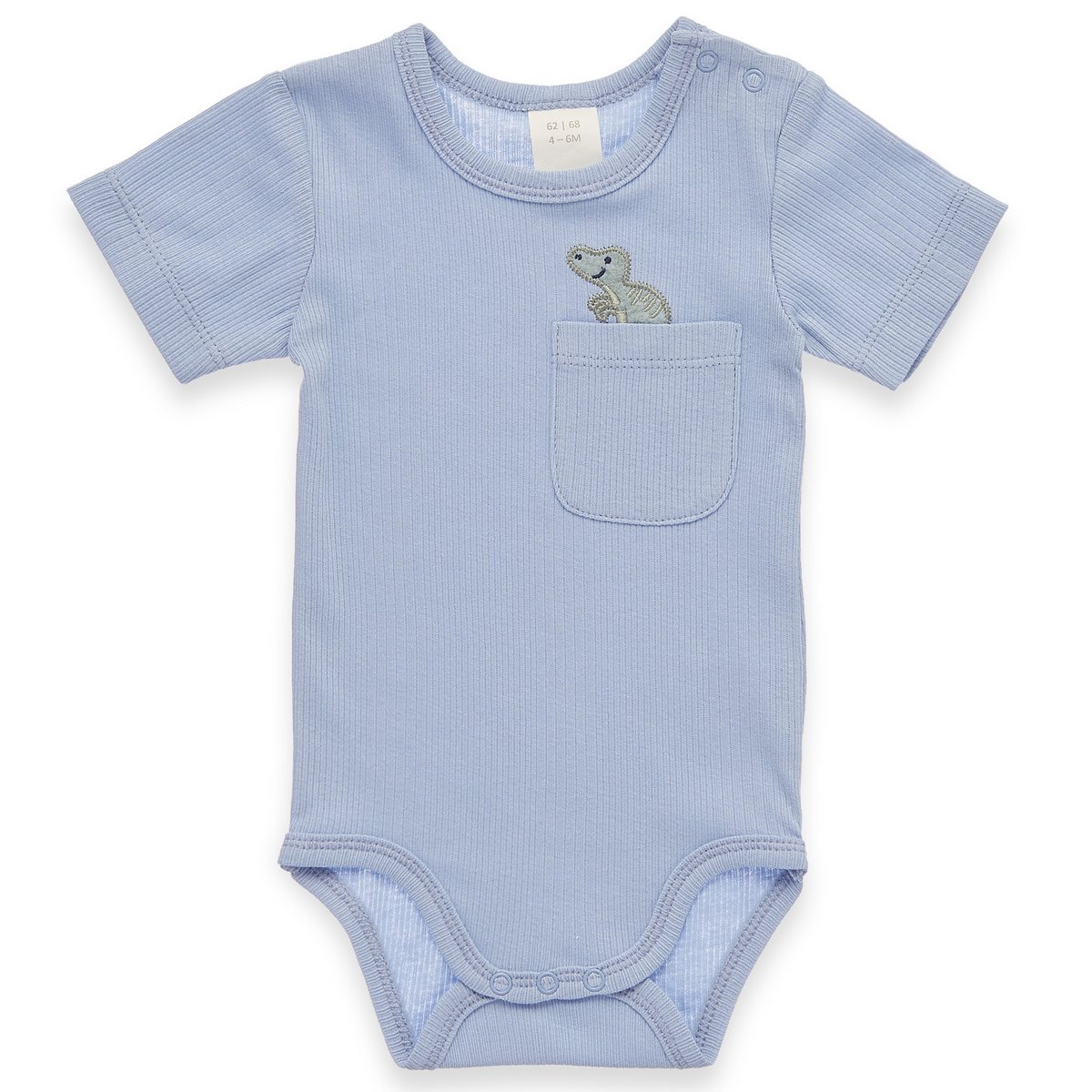 Baby lichaam kort -arm - met borstzak en dino -toepassing, fancy rib - blauw