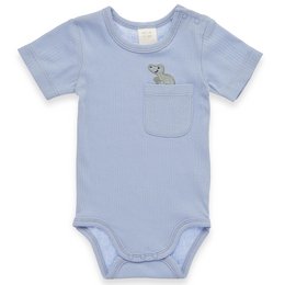 Baby lichaam kort -arm - met borstzak en dino -toepassing, fancy rib - blauw
