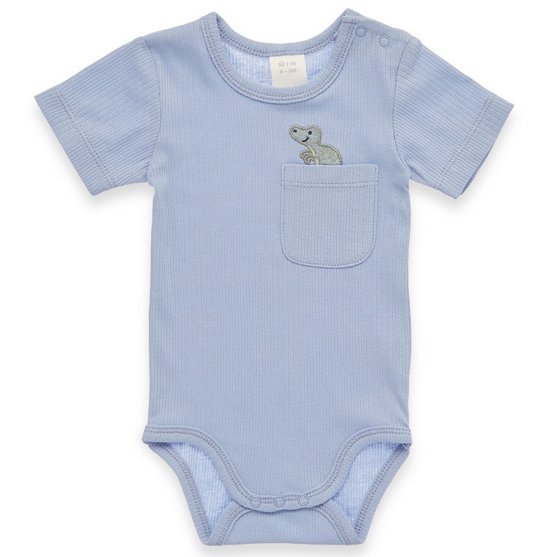 Baby lichaam kort -arm - met borstzak en dino -toepassing, fancy rib - blauw