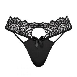 Black lace lingerie bottoms with a bow detail. The bottoms feature a scalloped lace trim and a solid black fabric.